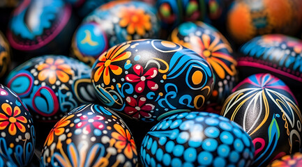 Fototapeta na wymiar Bunch of exquisite hand-painted Easter eggs with detailed floral patterns and rich, vibrant colours.