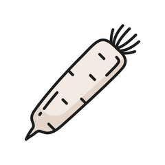 Raw vegetable white radish isolated daikon vegetable root color line icon. Vector horseradish rhizome plant, fresh veggie with stem