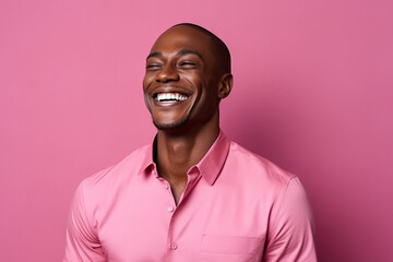 Obraz premium Close up portrait of young smiling handsome guy in pink t-shirt isolated on pink background