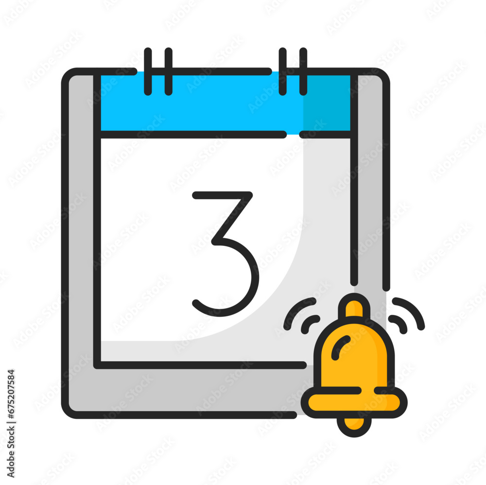 Poster Calendar 3 day date, bell reminder color line icon. Vector alarm about appointment, agenda planner. Calendar or event remember notification