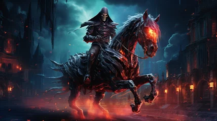 Poster Beautiful skeleton wizard rides cyberpunk horse black night Ai generated art © Arabindu
