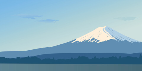 Fototapeta premium Panoramic day view of mount Fuji. Landscape with a mountain peak in Japan. The hour of the sun's Zenith. Famous landmark Wallpapers. Banner design with a natural landscape. The sky sun, water.