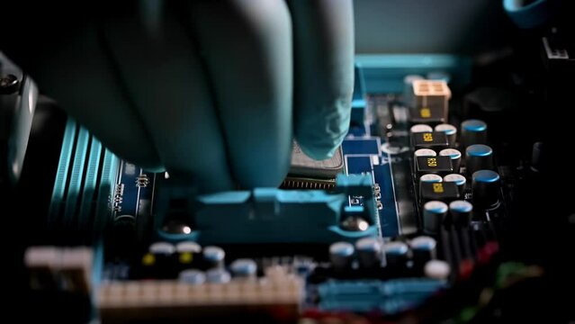 technician in gloves installs processor on computer motherboard