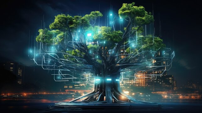 Futuristic high-tech tower surrounded by interconnected nature and advanced AI systems. Robots, holographic displays, and sleek design create a sharp-focus aura. Rapid growth in technology