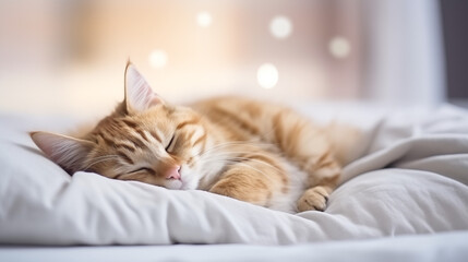 Sleeping orange tabby cat on a white bed with blurred background. - Powered by Adobe