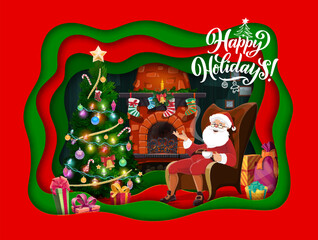 Cartoon Santa in chair near holiday pine tree. Christmas paper cut greeting card. Vector 3d Xmas eve celebration layered frame with Saint Nicholas relax at home near the fireplace at festive night