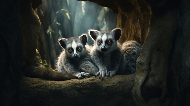 Cute two tailed lemurs lying cave animal photography image AI generated art