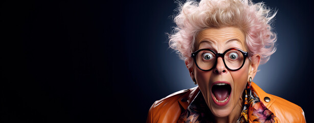 surprised old elderly fashionable woman with glasses on a blue background - obrazy, fototapety, plakaty