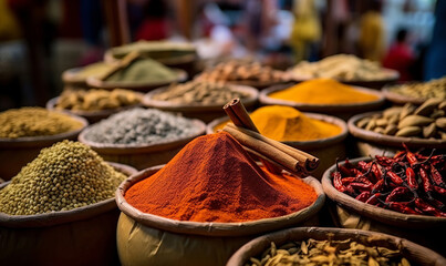 Spices on a spice market in a close-up shot, Generative AI - obrazy, fototapety, plakaty