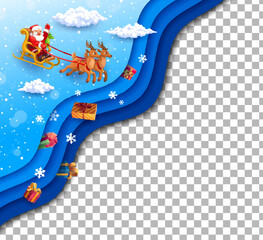 Christmas paper cut cheerful Santa on sleigh and holiday presents. Vector template with 3d papercut layered effect, blank card with funny father Noel rides sled in heaven with falling snow and clouds