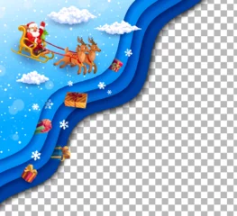 Fotobehang Christmas paper cut cheerful Santa on sleigh and holiday presents. Vector template with 3d papercut layered effect, blank card with funny father Noel rides sled in heaven with falling snow and clouds © Vector Tradition