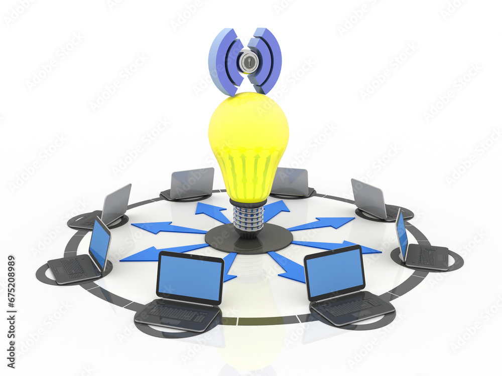Poster 3d rendering computer network with cfl bulb and wifi