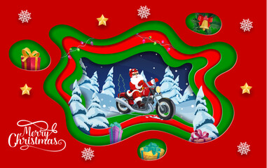 Cartoon christmas paper cut card, Santa on bike in winter forest. Vector banner with funny Father Noel biker hurry to kids by snowy wood with trees and gifts in 3d layered effect frame, greeting card