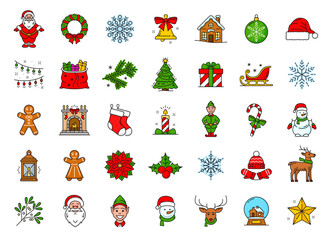 Christmas line icons set, vector celebratory attributes. Santa, wreath, snowflake, bell or gingerbread. Pine tree, gifts bag, gnome, stockings, fireplace and lantern, elf with snowman, deer and star