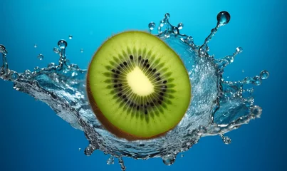 Poster Kiwi fruit with water splash on blue background, Generative AI © Visual Odyssey