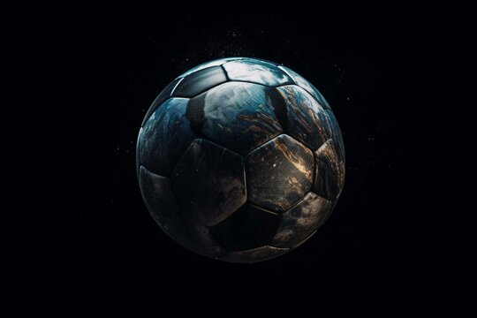 An image of a soccer ball changing into a depiction of Earth against a dark background. Generative AI