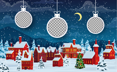 Christmas paper cut winter town with holiday baubles. Vector cartoon cityscape scene with houses, snowfall, pines and 3d round frames in shape of toys in night city with cottages at festive eve
