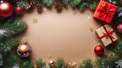 Fototapeta na wymiar Winter background adorned with classic seasonal elements gifts boxes, christmas balls, branch of christmas tree. Generative Ai