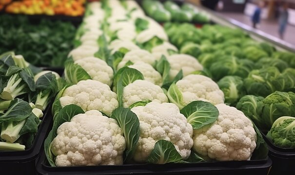 Cauliflower in a grocery store in a close-up, Generative AI