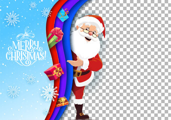 Christmas greeting card template with paper cut waves and Santa. Cartoon vector 3d layered effect wavy frame, funny Father Noel, gifts and Merry Christmas lettering on blue background with snowflakes