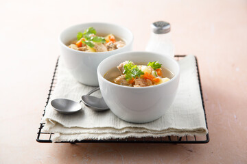 Homemade salmon soup with vegetables