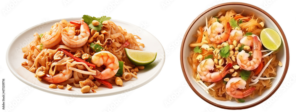 Wall mural pad thai with rice noodles, shrimp, and peanuts isolated on white background, asian food collection