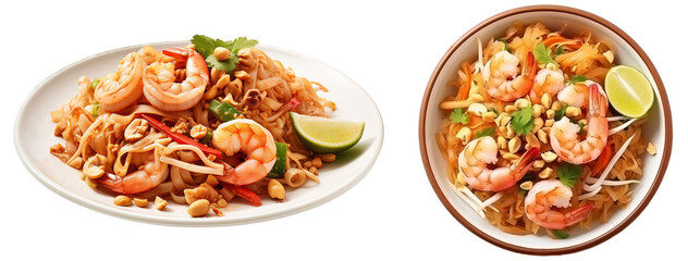 Pad Thai with rice noodles, shrimp, and peanuts isolated on white background, asian food collection - obrazy, fototapety, plakaty