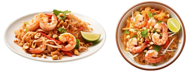 Pad Thai with rice noodles, shrimp, and peanuts isolated on white background, asian food collection