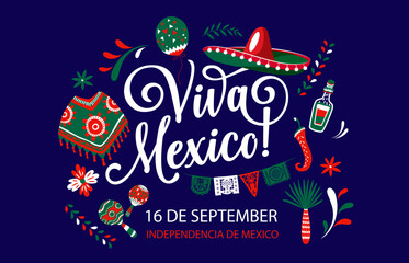 Viva Mexico, national Mexican independence day. Vector banner with sombrero, poncho, jalapeno pepper, tequila, balloon, palm tree and maracas. Greeting card for festival of traditional Mexico holiday