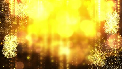 New Year Gold light fireworks sparkle glowing luxury celebration holiday festive background concept. Abstract golden particle glitter light and defocused bokeh motion video.