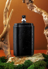 Black perfume bottle on stand made of wood and moss on brown background. Natural perfumes, woody...