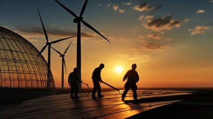 Silhouettes of workers working at a wind farm generating electricity during sunset.
