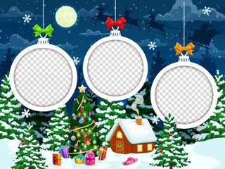 Christmas paper cut landscape with holiday bauble templates. Vector greeting card with snowy winter town cityscape with houses, snowfall and pines at xmas eve. Double exposition 3d round toy frames