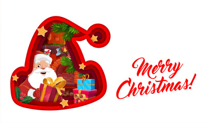 Christmas paper cut with Santa claus, Santa hat and gifts. Vector Xmas holiday papercut double 3d effect frame in shape of Saint Nicholas cap, father Noel with presents near the fireplace