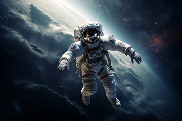 an astronaut in outer space, dressed in a spacesuit, against the background of a planet and nebula