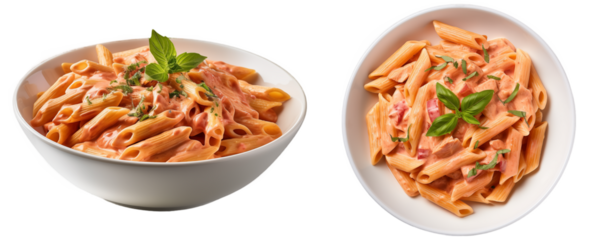 Penne alla Vodka pasta in a pink tomato cream sauce isolated on white background, italian food collection