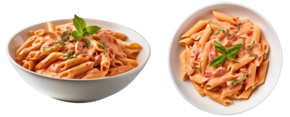 Fotobehang Penne alla Vodka pasta in a pink tomato cream sauce isolated on white background, italian food collection © Flowal93