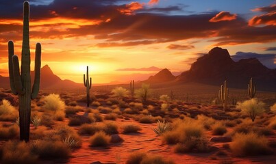 Arizona desert landscape with Saguaro cactus at sunset, Generative AI
