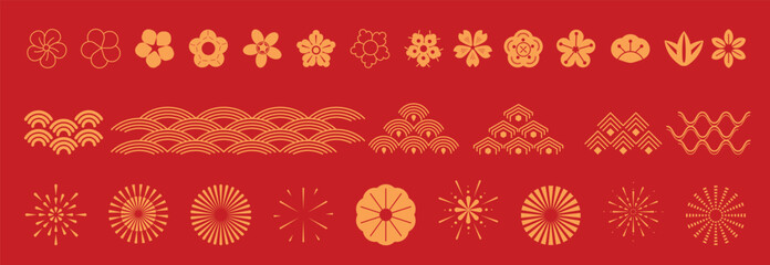 Chinese New Year Icons vector set. Cherry blossom flower, firework, sea wave isolated icons of Asian Lunar New Year holiday decoration vector. Oriental culture tradition illustration.