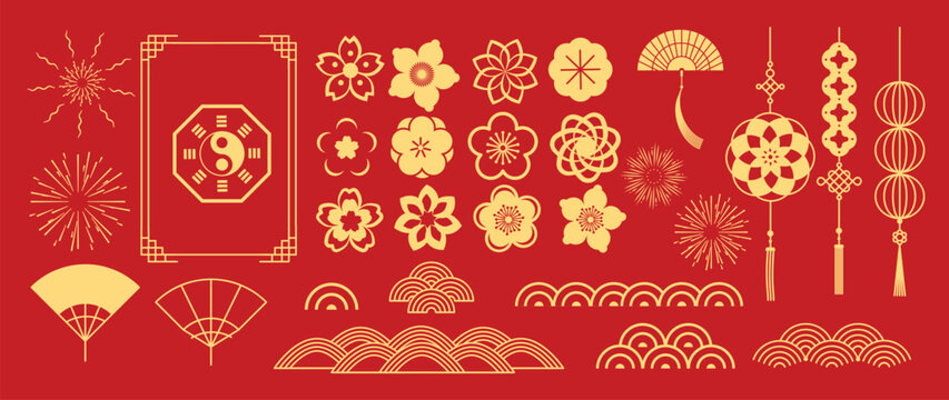 Chinese New Year Icons vector set. Cherry blossom flower, firework, wave, lantern, fan, coin isolated icons of Asian Lunar New Year holiday decoration vector. Oriental culture tradition illustration.