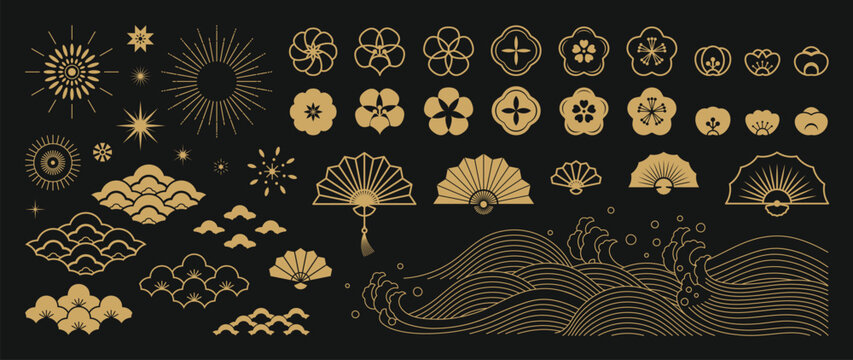 Chinese New Year Icons vector set. Cherry blossom flower, firework, sea wave, fan, cloud isolated icons of Asian Lunar New Year holiday decoration vector. Oriental culture tradition illustration.