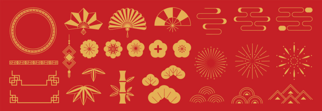 Chinese New Year Icons vector set. Cherry blossom flower, firework, sea wave, bamboo, fan isolated icons of Asian Lunar New Year holiday decoration vector. Oriental culture tradition illustration.