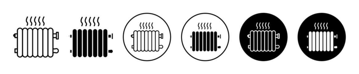 Car radiator vector icon set. Central electric water heater symbol in black filled and outlined style.