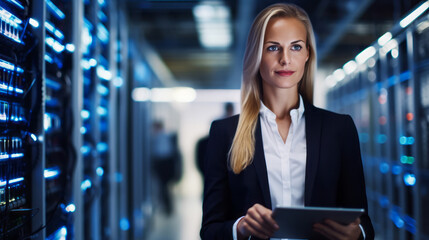 Data Cloud Protection Network, Portrait of woman with digital tablet, System Administrator Engineer, . Server Room Specialist, Cyber Security Concept. Ai Generative