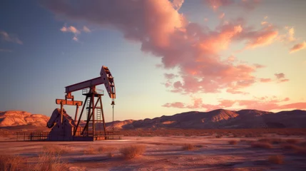 Fotobehang Oil drilling derrick, desert oilfield on sunrise. Crude oil production. Dramatic lighting. Petroleum production. Commodities price drop off. Ai generative. © ImageFlow