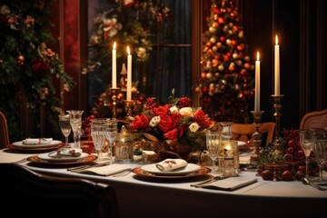 Festive christmas table setting for party. Dark and luxury. christmas tree
