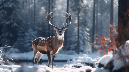 Cute deer in the snowy forest	