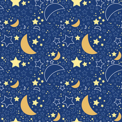 Obraz na płótnie Canvas Beautiful midnight sky cartoon seamless pattern vector. Moon and stars vector on blue background. Design for fabric, pajama, night suit, nightdress, sleepwear, wallpaper, crafting tape, children cloth