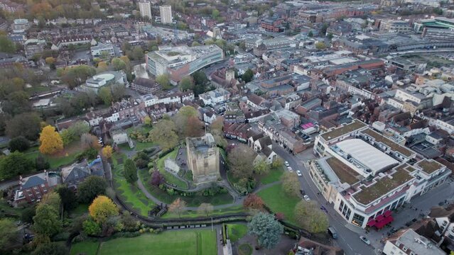 Amazing aerial view of the Guildford Castle and town center of Guildford, United Kingdom