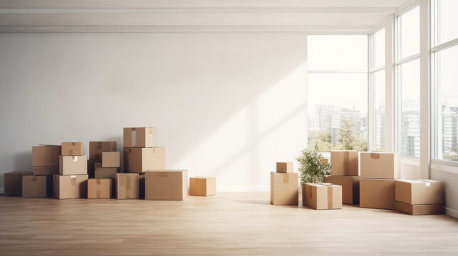 Cardboard boxes in empty room interior, moving concept. Sunlight big windows. Blank Empty white mock up copy space wall. Move to new home. Ai generative